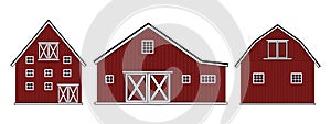 Set of doodle cartoon alone red wooden barn house, roof, windows and doors with crossed white boards. Vector Outline