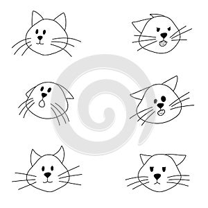 Set of doodle cat portrait. Different mood, expression of kitten, line animal fictional character isolated on white