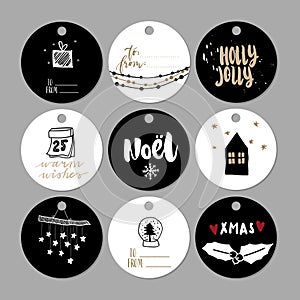 Set of doodle Christmas gift tags. Vector hand drawn cute icons. Scandinavian style printable. Xmas lettering, noel