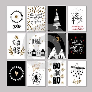 Set of doodle Christmas greeting cards. Vector hand drawn cute icon. Scandinavian style. Xmas tree, houses, garland