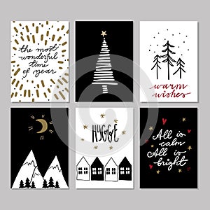 Set of doodle Christmas greeting cards. Vector hand drawn cute icons. Scandinavian style. Xmas tree, house, garland