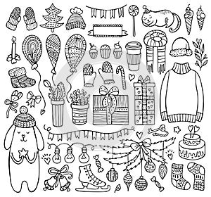 Set of doodle Christmas and winter elements