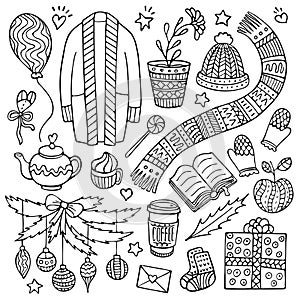 Set of doodle Christmas and winter elements