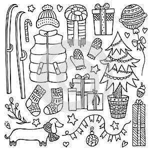 Set of doodle Christmas and winter elements