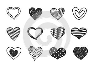 Set of doodle decorated heart shaped symbols. Collection of different hand drawn romantic hearts for web site, sticker