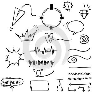 Set of doodle design elements. Arrow, heart, love, speech bubble, star, leaf, sun,crown, king, queen,Swishes, swoops, emphasis ,