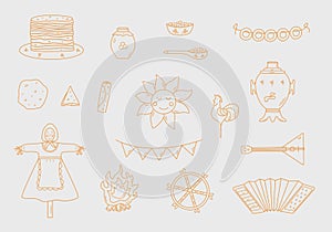 A set of doodle elements of pancake day. Vector illustration of icons of the traditional Russian holiday Maslenitsa. Sun,