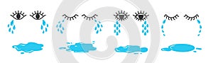 Set of doodle eyes crying with tear drops and puddles. Cartoon weeping emoji collection.