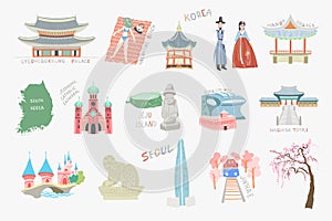 Set of doodle flat vector illustration sights and attractions of south korea