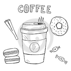 Set of doodle food and drink icons, hand drawn coffee, macaron, sweetmeats, cinnamon with text photo