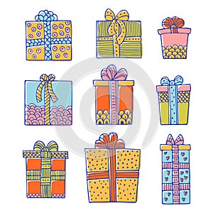 Set of doodle gift boxes isolated on white