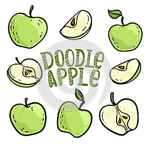 Set of doodle green apples with stem and leaf. Healthy vegetarian food. Cartoon comics style with contour. Decoration for greeting