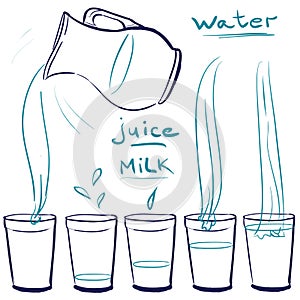 Set doodle icons - Blue Jug and glasses with a drink - milk, water, juice - pouring glass