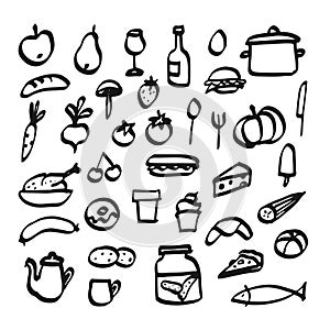 Set of doodle icons of food, drink and kitchen utensils,