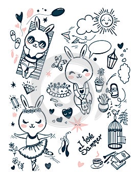 Set of doodle images of cute rabbits and objects. Vector image of cute rabbits for different type of print