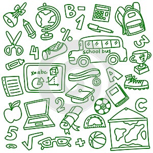 A set of doodle items in the school theme on a white background. Free drawing on the theme back to school. We're