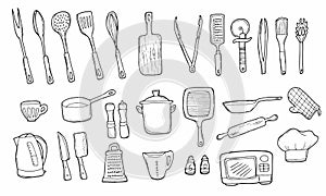 Set of doodle kitchen utensil outline in black isolated over white background. Vector sketch in line