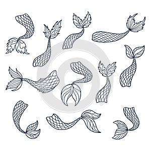 Set of doodle mermaid tail silhouettes. Hand drawn outline marine elements