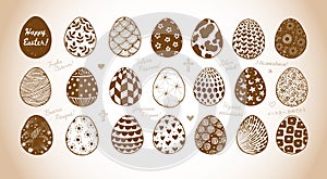 Set of doodle ornated easter eggs in vintage style. Inscription Happy Easter in different languages.