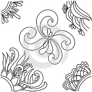 Set of doodle outline corner frames and decorative element