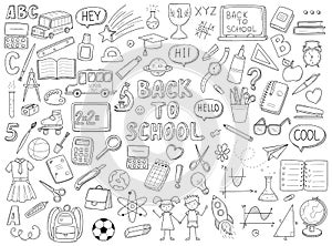 Set of doodle outline icons back to school. School items, supplies, stationery, Hand-drawn black and white vector illustration.