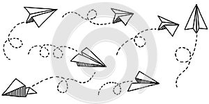 Set of doodle paper plane icon. Hand drawn Paper airplane. vector illustration