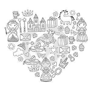 Set of doodle princess and fantasy icon and and design element for invitation and greeting card. Kids drawing