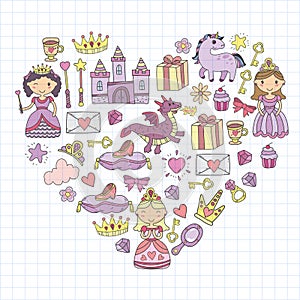 Set of doodle princess and fantasy icon and and design element for invitation and greeting card. Kids drawing