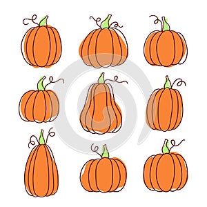 Set of doodle pumpkins in various shapes.