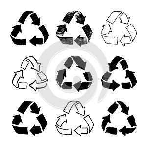 Set of doodle recycle reuse symbol. Sketch recycle sign for ecological design zero waste lifestyle. Hand drawn black icon. Vector