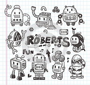 Set of doodle robot icons, illustrator line tools