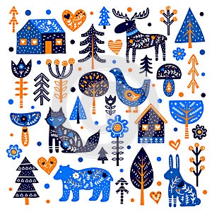 Set of doodle Scandinavian animals, trees, houses, flowers, mushrooms.