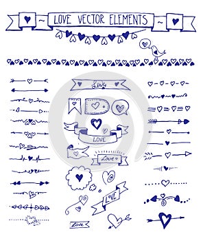 Set of doodle sketch hand drawn love elements. Helpful while creating wedding and bridal shower invitations, cards