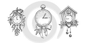 Set of doodle sketch watches. Alarm clocks, stop-watch and timer. Time icon in Hand-drawn style. Vector illustration.