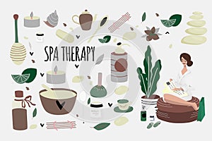 Set of doodle spa elements and woman reading magazine after aromatherapy, honey therapy, body care.