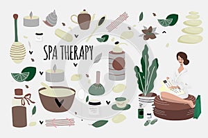 Set of doodle spa elements and young girl reading magazine after aromatherapy, honey therapy, body care, Thai massage, meditation.