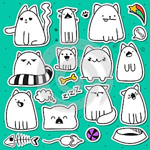 Set of 11 doodle sticker cats with different emotions. Cat handmade