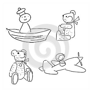 Set of doodle toys. Simple coloring page, children s drawing toys. Collection of cartoon toys, black and white linear