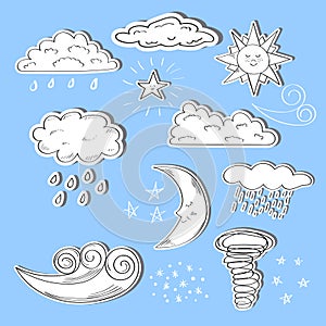 Set of doodle weather icons. Sun, moon, star, clouds