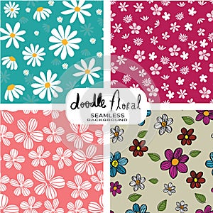 Set of doodle white flowers pattern on vintage colour background, seamless pattern background
