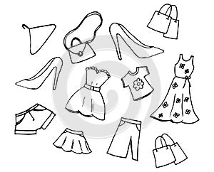 Set of doodle woman clothing isolated on white background. simple sketch. hand drawn vector. dress, heel shos, handbag, denim pant