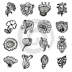 Set of doodles decorated flowers.