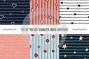 Set with doodles hand-drawn boho seamless patterns.