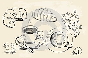 Set of doodles, hand drawn rough simple coffee theme sketches, v