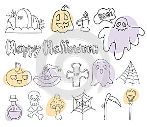 Set doodles Happy Halloween. Jack pumpkin, ghost, skull and crossbones, grave, fly agaric, witch hat, scythe and broom