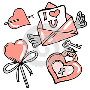 set of doodles for Valentine\'s Day, heart-lock with a key, love letter, candy heart, heart with an arrow in gray-pink shades