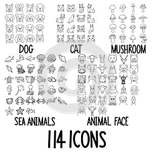 Set of doodles vector icon Dog, Cat, Sea Animals, Mushroom, Animal Face eps10