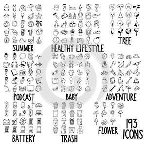 Set of doodles vector icon Summer, Healthy Lifestyle, Tree, Podcast, Baby, Adventure, Battery, Trash, Flower