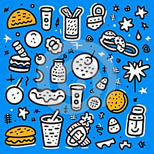 Cosmic Graffiti: Doodle Icons Of Fruits, Pastries, And Snacks On Blue Background photo