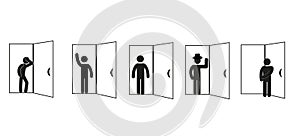 a set of door and man, pictograms of a human figure in different poses and an open door icon